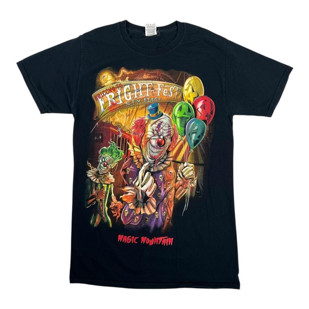 Six Flags Fright Fest Magic Mountain T-Shirt Mens Small Black Clown Halloween